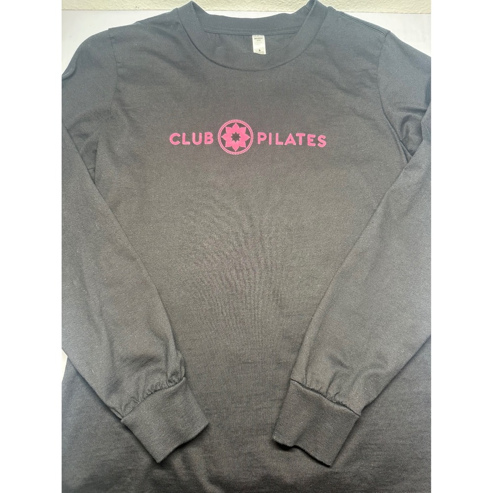 Club Pilate Long Sleeve Shirt Black Pink Logo‎ Women SZ Small Crewneck Pre-Owned